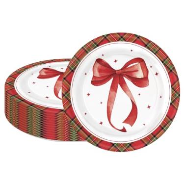 Imagem de LeZakaa 25 peças de pratos de papel de Natal, laço vermelho e xadrez tartan, pratos descartáveis de festa, suprimentos de mesa, decoração de mesa para jantar, sobremesa, 23 cm