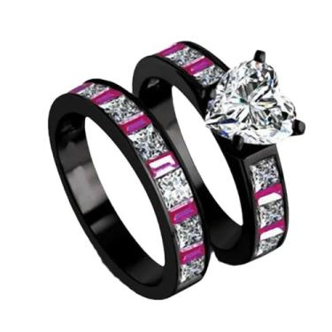 Imagem de Conjunto de alianças de noivado de zircônia cúbica com coração de zircônia cúbica preta empilhável para ela, Zircônia cúbica, Zircônia cúbica