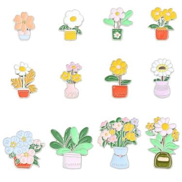 Imagem de DanLingJewelry 12 peças de estilos mistos broches de flores esmaltadas florais em vaso de plantas emblemáticas alfinetes de lapela para mochila faça você mesmo roupas chapéu decoração