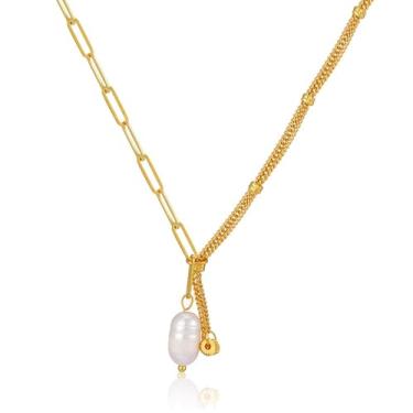 Imagem de CHARIFIN Colar feminino, banhado a latão, pingente de ouro 18K, corrente de emenda de pérolas de água doce, clavícula, colar suéter feminino, Ouro, Pérola