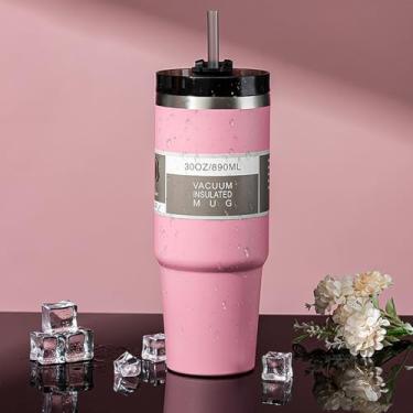 Imagem de Copo dobrável térmico de aço inoxidável com tampa e canudo para chá gelado ou café, compatível com viagens, 887 ml, rosa