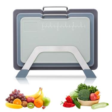 Imagem de Bierofaro Kit 3 de Tabuas de Corte Plástica com Alça de Aço Inoxidável– Tabua de Carne com Área de Moagem, Linhas de Medição e Suporte Metálico – Tabua de Corte para Cozinha e Churrasco, Steel Handle