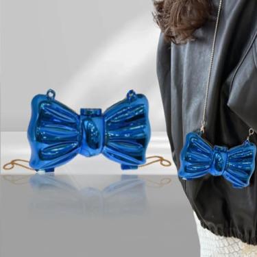 Imagem de Mini bolsa de noite feminina brilhante estruturada com alça de corrente, bolsa de ombro moderna com laço estrela para casamento, Azul, 5.1 x 3.5 x 1.2 inches