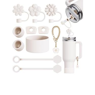 Imagem de 11 peças compatíveis com acessórios de copo Stanley - Toppers de palha de flores para capa de palha Stanley 9-10 mm, 1 bota de silicone, 6 tampas à prova de derramamento, 1 pingente de alça para copo