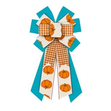 Imagem de Grande guirlanda de outono, laços de outono de Ação de Graças, para guirlanda, azul, branco, laranja, búfalo, xadrez, estopa para o dia de Ação de Graças, outono, porta da frente, interior e exterior