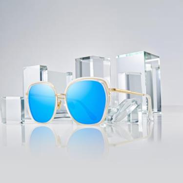 Imagem de Óculos de sol femininos vintage com armação de escudo grande para mulheres com caixa de presente, Armação transparente/lente espelhada azul/hastes douradas, Lens Width: 55 Millimeters