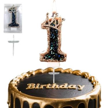 Imagem de Velas digitais de aniversário, coroa preta e dourada, velas de aniversário nº 1, adequadas para meninos e meninas, comemorações de aniversário e aniversários, são os presentes preferidos para