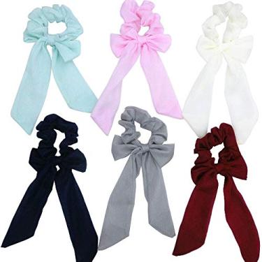 Imagem de 6 peças elásticos de cabelo com laço lenço de cetim de seda laços de cabelo chiffon ponto scrunchy 2 em 1 suporte de rabo de cavalo com laços cor sólida acessórios elásticos cordas