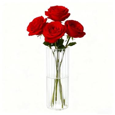 Imagem de Guluto Vaso de flores, vaso inquebrável para flor, vaso de acrílico canelado, vasos cilíndricos transparentes de 10 cm L x 20 cm A de altura para centros de mesa, sala de estar, mesa de jantar