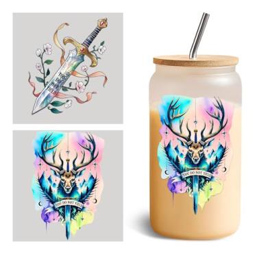 Imagem de Conjunto de 2 peças You Do Not Yield UV DTF Cup Wraps para copos de vidro de 473 ml, decalque de transferência a frio para copos de vidro, chifres de veado, flor de espada, livros, vinil para amantes