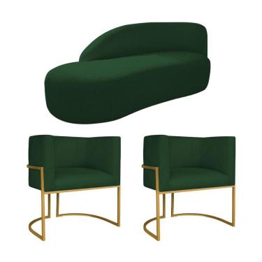 Imagem de Kit Divã Luna 140cm Lado Esquerdo E 02 Poltronas Base De Ferro Dourado Suede Verde