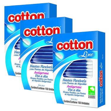 Imagem de Kit 225 Unidades Hastes Flexíveis Cotton Line 3 CAIXAS x 75 Unidades Cotonete Caixa Com Pontas Algodão Natural Antigerme