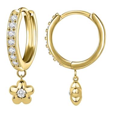 Imagem de KASFREE Brincos pequenos de argola dourada para mulheres, coração, flor, cruz, estrela-do-mar, argola, Aço inoxidável, Zircônia cúbica