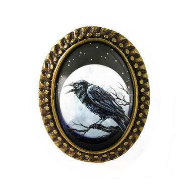 Imagem de Anel Raven Nevermore - arte de corvo de Halloween, pulseira ajustável de prata ou bronze antigo, bijuteria oval feita à mão - 97, Adjustable 5-10, Metal, Sem pedra preciosa