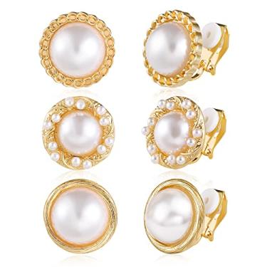 Imagem de Brincos de pressão de ouro, 3 pares, conjunto de brincos pequenos de pressão não perfurados, brincos simulados banhados a ouro 14 K, brincos delicados para mulheres, Metal Pérola