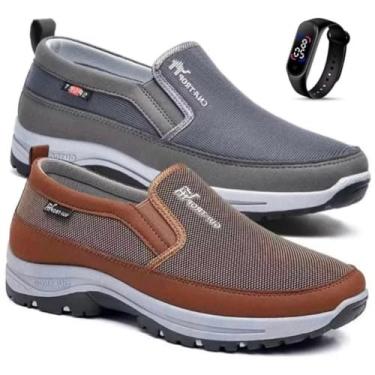Imagem de Kit 2 Pares De Tenis Sapatilha Mocasssin Masculino Ortopédico Adventure Trilha Com Solado Impermeável Leve + Relogio Led (Cinza/Marrom, BR, Adulto, Numérico, 39)