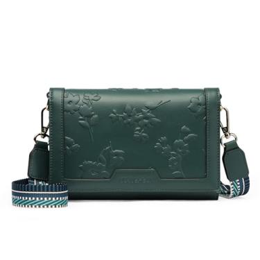 Imagem de Bolsas transversais femininas de couro vegano RFID pequeno porta-passaporte carteira de viagem bolsas de ombro para bolsas femininas, Verde escuro, Alça de ombro de guitarra com compartimentos para