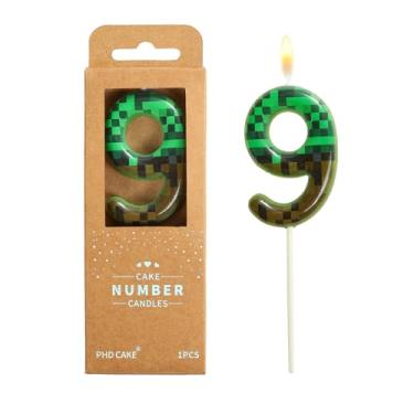 Imagem de PHD CAKE Velas de aniversário com número 9 pixels, número de 6 cm, velas verdes com número de mineiro, velas com número de bolo, celebração de festa, vela estilo