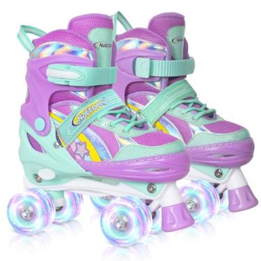 Imagem de Nattork Patins para meninas unicórnio arco-íris para crianças pequenas idades 5-8 5 6 7 4 tamanhos quadriciclo ajustável com todas as rodas luminosas - melhor presente de aniversário