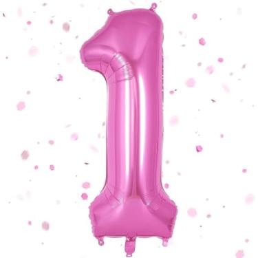 Imagem de Balões número rosa choque, grande rosa choque número 1, 101 balão rosa para homens, mulheres, meninos, meninas, decoração de festa de 1º aniversário