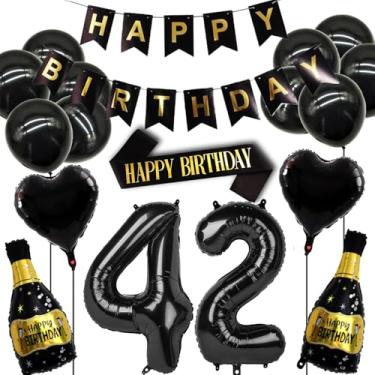 Imagem de Conjunto de decorações de aniversário de 42 anos para mulheres e homens, balão de decoração de aniversário de 42 anos em ouro preto, suprimentos para festa de nascimento de 42 anos, incluindo faixa