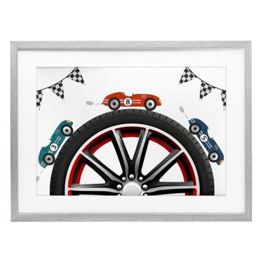 Imagem de Stupell Industries Racing Around Wheel Impressão emoldurada cinza sob vidro, design de Christine Simpson Art, 35,5 x 50,8 cm