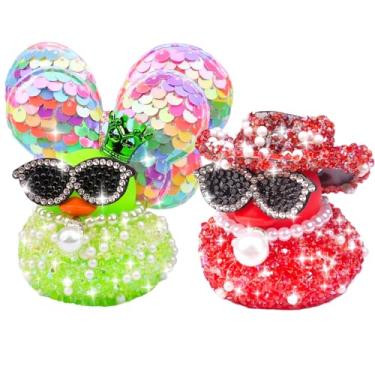Imagem de MuMyer Ornamentos de carro de pato de borracha de diamante, 2 peças de strass brilhantes patos decoração de painel de carro com mini asas chapéu de caubói colares de óculos de sol