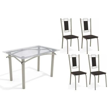 Imagem de Conjunto: Mesa Sala Jantar Elba C- Tampo De Vidro 120cm E 4 Cadeiras Florença Niquel - Courano Preto - Kappesberg