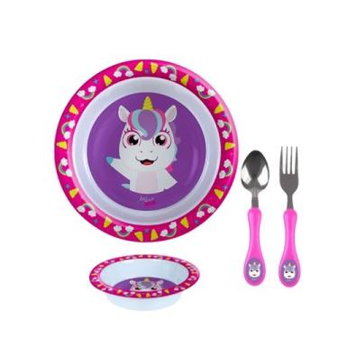 Imagem de Kit Prato Raso Fundo + Talher Inox Infantil Personagem - Arts, Unicorn