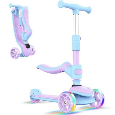 Imagem de BELEEV Scooter infantil 2 em 1 com assento e rodas iluminadas de LED, altura e assento ajustáveis, assento removível, deck amplo antiderrapante, scooter dobrável de 3 rodas para crianças, meninas e