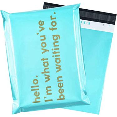 Imagem de RUSPEPA – Sacolas de transporte de envelopes de poliéster com texto de negócios – Impressão de menta com ouro, 25,4 x 33 cm, pacote com 100