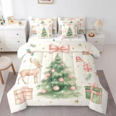 Imagem de Erosebridal Conjunto completo de edredom de Natal, 7 peças, arco rosa, árvore de Natal, decoração de casa rosa, rena de inverno, floco de neve, laço de borboleta, conjunto de cama