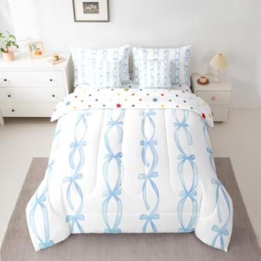 Imagem de jejeloiu Conjunto de edredom com laço azul para meninas, 7 peças, solteiro, com estampa de laço, para crianças, adolescentes e adolescentes, decoração de quarto, microfibra leve e macia