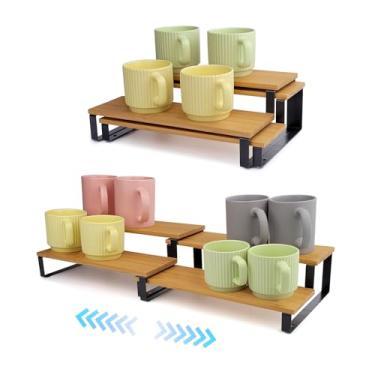 Imagem de Suporte de caneca de café expansível de 2 camadas para armário, suporte organizador de copos de metal preto e bambu, prateleira de balcão de cozinha para especiarias e chá, armazenamento de acessórios