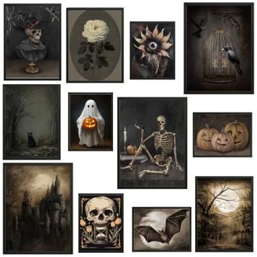 Imagem de JJY 12 peças de decoração de Halloween Dark Academia - Impressões de arte de parede gótica vitoriana vintage para casa - pôsteres góticos assustadores sombrios imagens da academia para casa, quarto