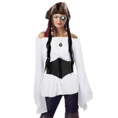 Imagem de Fantasia de pirata para mulheres, 5 peças, incluindo espartilho renascentista, blusa medieval tomara que caia, colar chapéu tapa-olho, fantasia de camisa para cosplay Halloween