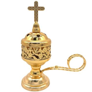 Imagem de LUMINFLY Queimador de incenso metal cristão banhado a ouro 5,3 polegadas/13,5 cm design cruz ortodoxa, uso doméstico, tigela removível fácil de limpar elegante de longa duração