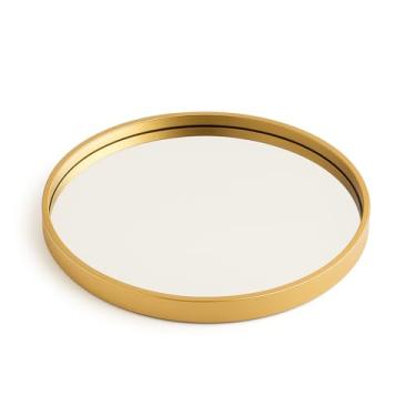 Imagem de Bandeja Decorativa Redonda 20 cm. Borda Dourada + Fundo Espelhado. Para Perfumes, Maquiagem e Decoração