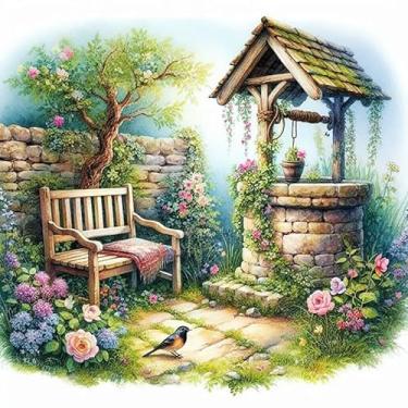 Imagem de GEWOUVIN Kits de arte de diamante de jardim para adultos, kits de pintura de diamante para adultos iniciantes, kits de arte de pedra redonda 5D completa DIY para decoração de parede de casa 【13,8 x