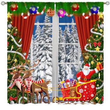Imagem de Cortinas natalinas de Papai Noel, padrão vintage de Natal, inverno, ano novo, para decoração de janela de quarto, varão, para sala de estar, quarto, cozinha, conjunto de 2 painéis, 52 cm L x 114 cm C