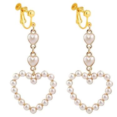 Imagem de Brincos de coração com clipe para mulheres, não perfurados, pingente de pérola, strass, pingente, pingente, noiva, casamento, hipoalergênico, joia moderna branca, Zinco, Sem pedra preciosa