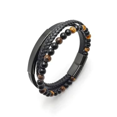 Imagem de VANFORWYN Pulseira masculina de ônix preto fosco olho de tigre multicamadas pulseira de couro genuíno trançado preto 8 mm pulseira de contas de pedra de proteção natural, Large, Couro, Sem Pedra