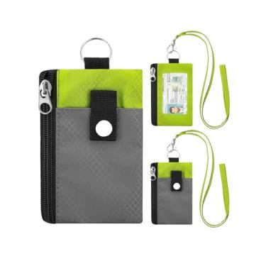 Imagem de Carteira minimalista com bloqueio de RFID com cordão, capa funcional para identidade com 2 bolsos com zíper e chaveiro para homens e mulheres, porta-cartões com crachá tático, porta-moedas para