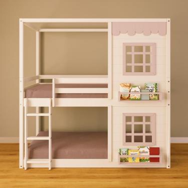 Imagem de Beliche Casinha Reta com 02 Janelas Madeira Maciça Branco/Rosa Housin