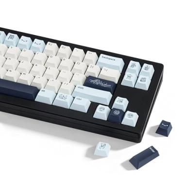 Imagem de JOLINTAL Lindas teclas PBT com 130 teclas, estilo minimalista, azul, branco, anime, tampas de teclas de sublimação de tinta com perfil cereja para teclado mecânico para jogos Cherry MX Switchs, 60%