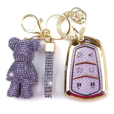 Imagem de Rayslesan Linda capa de chaveiro com pingente de urso de strass, capa inteligente de TPU brilhante para mulheres, compatível com Cadillac Escalade 2015-2020, Escalade ESV 2015-2020 (6 botões, dourado