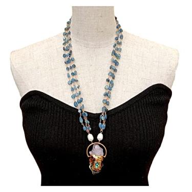 Imagem de Acessórios de moda Arroz Branco Pérola Azul Cianita Corrente Colar Quartzos, Ametistas, Pingente áspero 66 cm