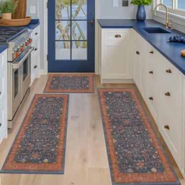 Imagem de Conjunto de 3 tapetes laváveis para corredor de cozinha, tapetes antiderrapantes de pelo baixo, tapetes envelhecidos boho vintage para pia de cozinha, lavanderia de fazenda, entrada e áreas de alto
