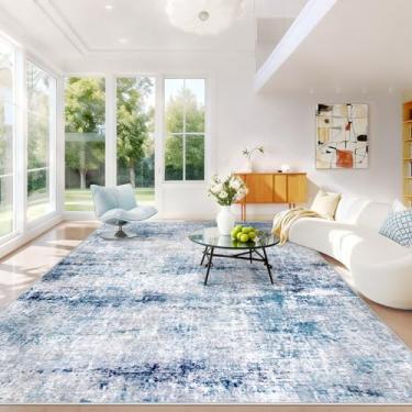 Imagem de Tapetes laváveis para sala de estar 22 x 30 cm: Tapete abstrato neutro macio antiderrapante para quarto, sala de jantar, escritório, sala de jogos (azul, 2,5 x 30 cm)