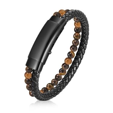 Imagem de VNOX Pulseira de couro masculina trançada com duas fileiras de couro e olho de tigre ajustável, presente de formatura de Natal para filho, irmão, mãe, pai, irmã, Sem Pedra Preciosa